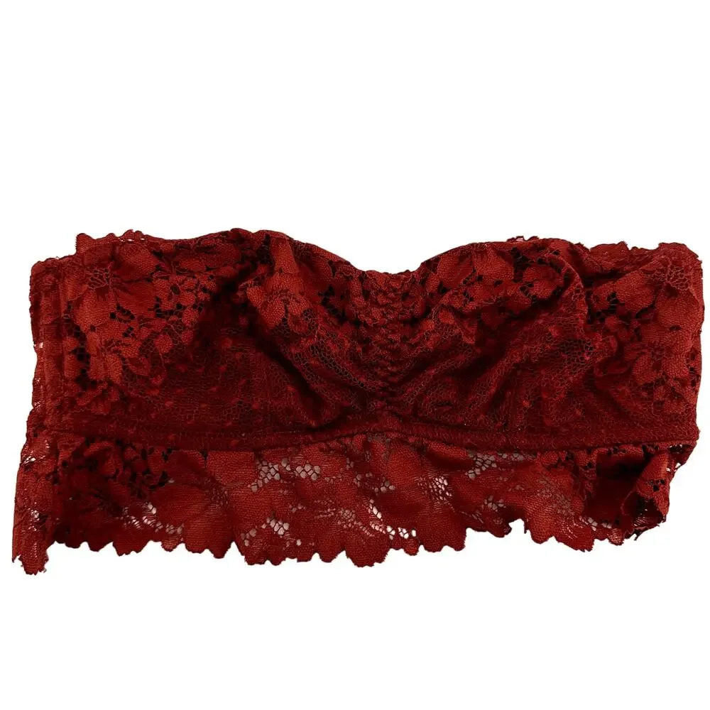 Auden Floral Lace Bandeau Bra Strapless Unlined Opaque Underwire Red XS